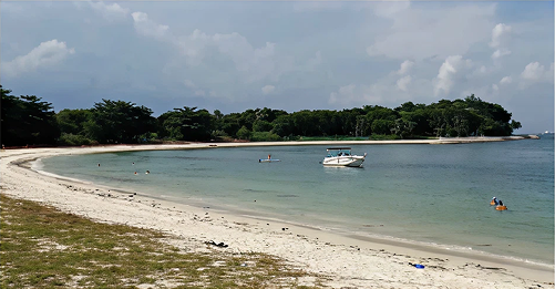 Sandy beach scene with clear water, people swimming, and a boat anchored. Trees line the shore under a cloudy sky.